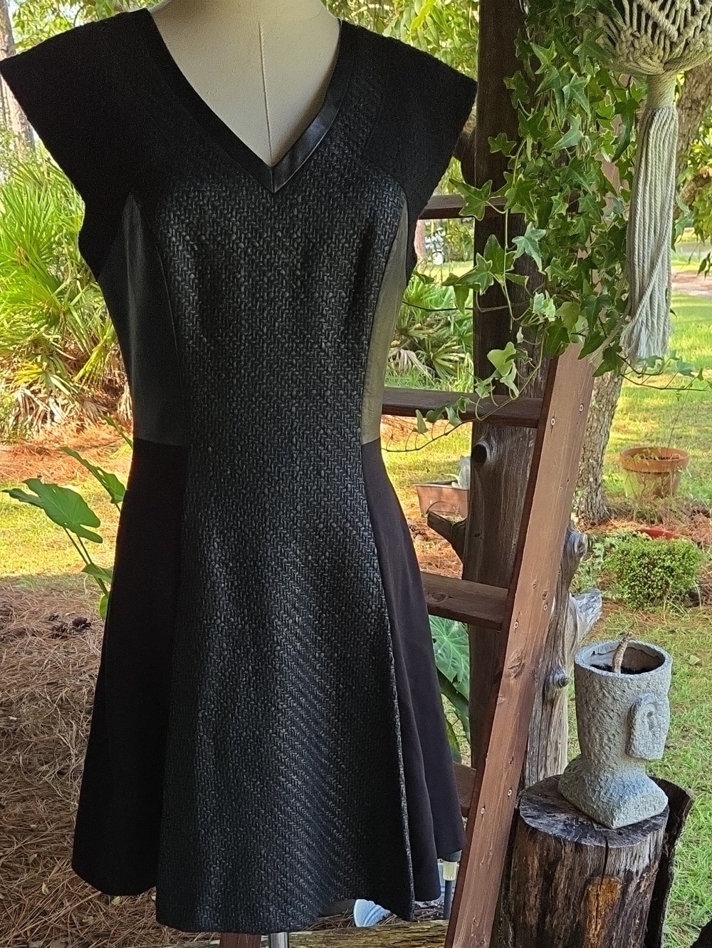 Rebecca Taylor Black Tweed Midi Dress With Lamb Leather Trim Size 6